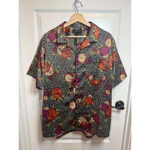 Urban Outfitters Mens Large Floral Geometric Short Sleeve Button Down   satin